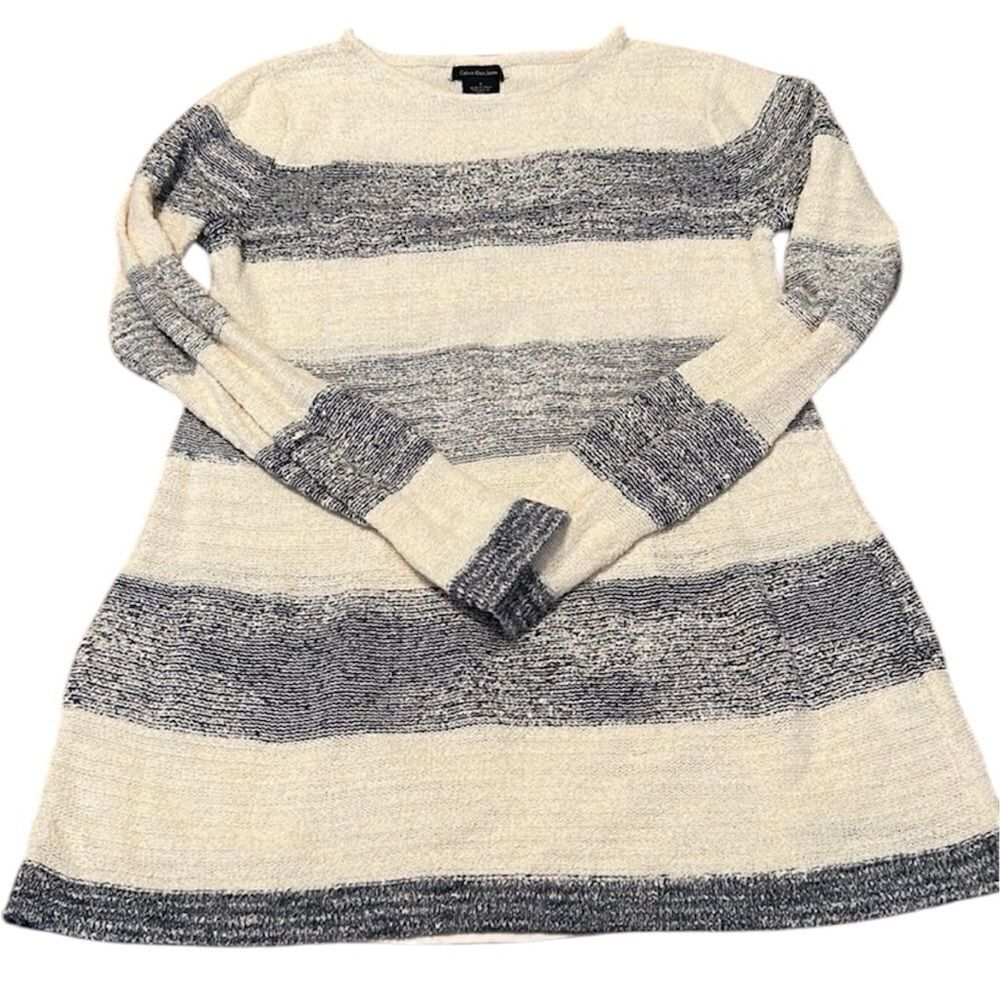 Calvin Klein jeans szS LS grey & white striped sweater sheer back panel EUC
